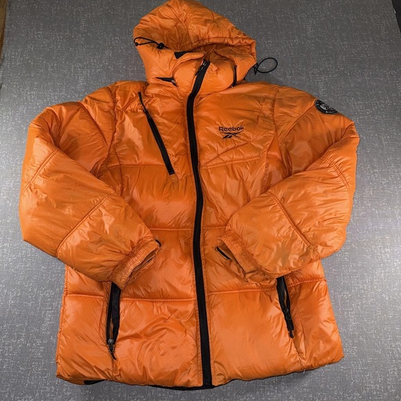 Reebok Jacket Mens Large Orange Hooded Puffer Insulated Full Zip Logo Warm - Picture 2 of 12